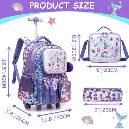 Meetbelify Mermaid Rolling Backpack with Wheels for Girls Rolling Backpacks with Lunch Box for Elementary School Students 3 in 1 Kids Travel Luggage Suitcase for Girls Age 8-10 - color: Girl 05