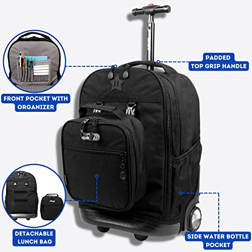 J World Duo Kids Rolling Backpack With Lunch Box Set. School Bookbag on Wheels, Black - color: Black