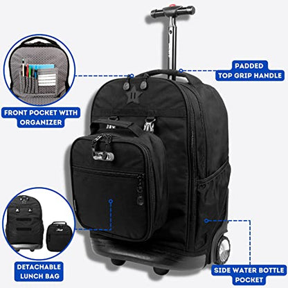 J World Duo Kids Rolling Backpack With Lunch Box Set. School Bookbag on Wheels, Black - color: Black