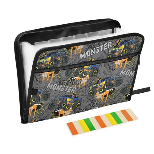 Monster Truck Car File Folders,Plastic Folders with 13 Pockets,Expandable File Folder for Documents School Students Office,Aesthetic Folder with Labels A4 Letter Size - color: Multicolor 23