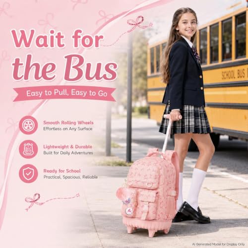 WZLVO 3PCS Rolling Backpack for Girls, Water Resistance Roller Bookbag, Women Aesthetic Wheeled School Bag Set with Lunch Box & Pencil Bag for Teens & Kids - Pink Bow - color: 3pcs Girls Rolling Backpack - Pink Bow