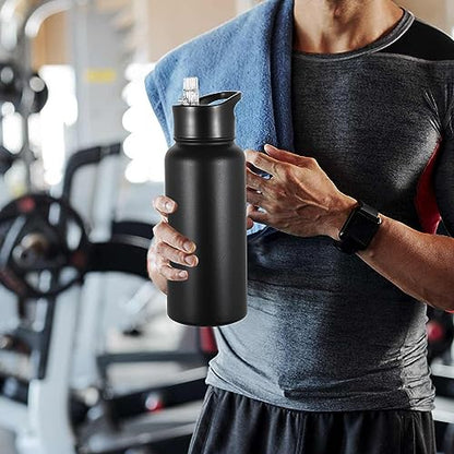 VEGOND 32 oz Insulated Water Bottle Stainless Steel Metal Water Bottles with Leak Proof Straw Lid & Spout Lid, Wide Mouth Double Walled Vacuum Travel Sports Bottle, Black - color: Black, size: 32 Ounces