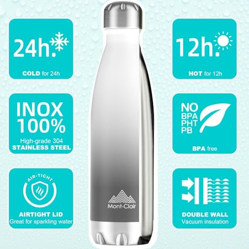 Mont-Clair Stainless Steel Water Bottle, Vacuum insulated - BPA Free, 12h Hot & 24h Cold Drinks, Metal Water Bottle 17 oz Leakproof, Ideal for Adult, Kids, Running - Gradient - White & Grey - color: Gradient - White & Grey, style: 17 Ounces