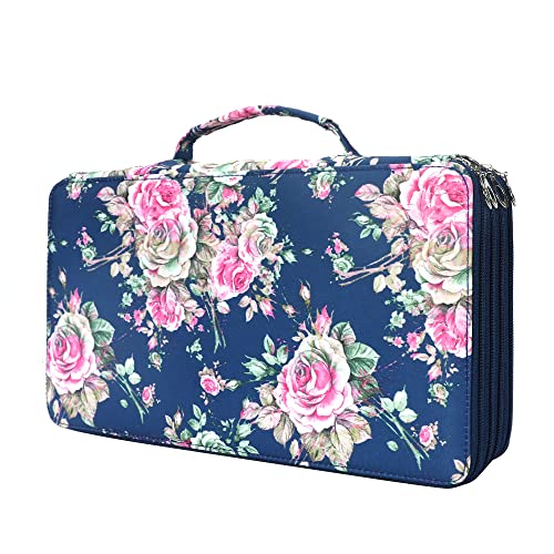 Vomgomfom 300 Slots Marker Bag, 4-Layer Zipper Portable Art Supply Organizer, PU Leather Large Capacity Marker Case Holds 100 Markers or 300 Colored Pencils with Handle (Blue Rose) - color: C Blue Rose, size: 300 Slots