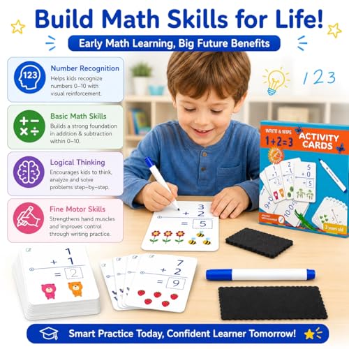 Write & Wipe Activity Cards for Kids, Reusable Tracing Flash Cards, Preschool Handwriting Practice Set, Letter Number Math Learning Activities Ages 3-6 (Addition and Subtraction)