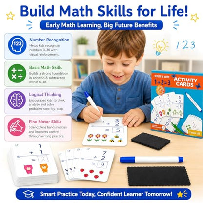 Write & Wipe Activity Cards for Kids, Reusable Tracing Flash Cards, Preschool Handwriting Practice Set, Letter Number Math Learning Activities Ages 3-6 (Addition and Subtraction)