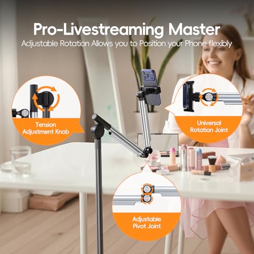 Floor Phone Stand for Recording, Overhead Phone Mount with Wheels and Weight Base, Free Rotation Aluminum Digital Heavy Duty Stand with Adjustable Angles & Height for Content Creation