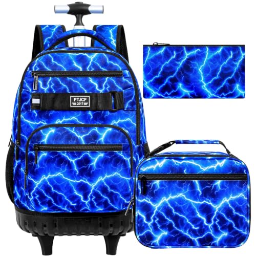 gxtvo Rolling Backpack for Boys, Men Roller Bookbag with Lunch Box for Adults, Water Resistant Wheeled School Bag for College Teens Kids Travel - Cool Lightning - color: Rolling Backpack Lightning Blue