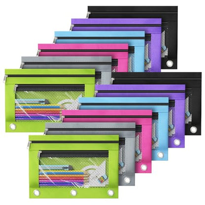 DoDoMagxanadu Binder Pencil Pouches, Pencil Pouch for 3 Ring Binder, Double Pocket Clear Window Pencil Case for Binder, Zippered Pencil Pouches with Rivet Enforced 3 Ring, 12 Pack