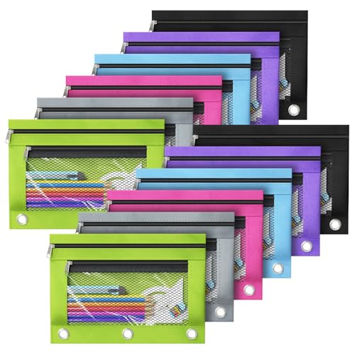 DoDoMagxanadu Binder Pencil Pouches, Pencil Pouch for 3 Ring Binder, Double Pocket Clear Window Pencil Case for Binder, Zippered Pencil Pouches with Rivet Enforced 3 Ring, 12 Pack