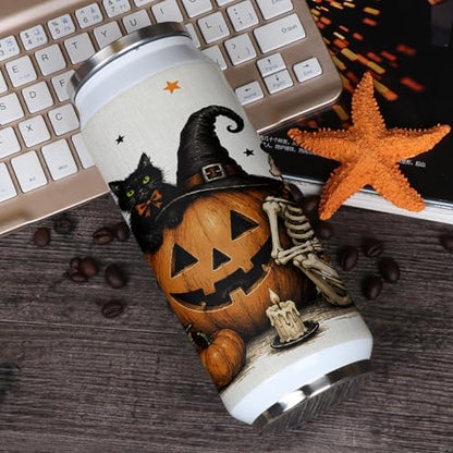 T&H XHome Halloween 10oz Stainless Steel Tumbler with Lid & Straw-Double Wall Vacuum Insulated Travel Mug Skull Black Cat Pumpkin Linen Water Bottle Coffee Beverage Drinks Cup - size: 10 Ounces
