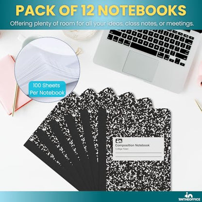 1InTheOffice College Ruled Composition Notebook, Marbled Composition Notebook, 9.75" x 7.5", Black Marble Cover, 100 Sheets/Pack, 12 Pack