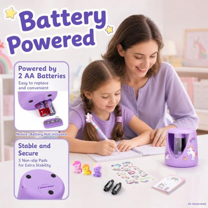 homicozy Electric Pencil Sharpeners for Kids, Cute Small Pencil Sharpener for Home Classroom, Battery Pencil Sharpener Electric Plug in, with Erasers DIY Stickers Note Pad (Purple Battery) - color: Purple Battery