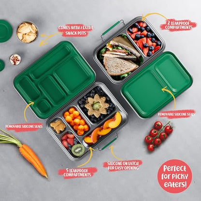 AOHEA Stainless Steel Bento Box Kids, Kids Metal Bento Lunch Box BPA Free Lunch Box Containers 304 Stainless Steel Bento Box for School and Office(Green) - color: Green-05