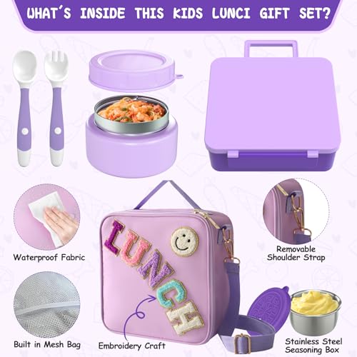 Aimsnk Lunch Box Kids with Thermo Insulated Lunch Bag for School, Purple | Bento Lunch Box for Kids with 8oz Food Jar, Leak Proof Hot Lunch Containers with 4 Compartment, Warm Lunchbox for Toddler - color: Purple