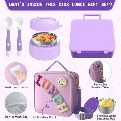 Aimsnk Lunch Box Kids with Thermo Insulated Lunch Bag for School, Purple | Bento Lunch Box for Kids with 8oz Food Jar, Leak Proof Hot Lunch Containers with 4 Compartment, Warm Lunchbox for Toddler - color: Purple