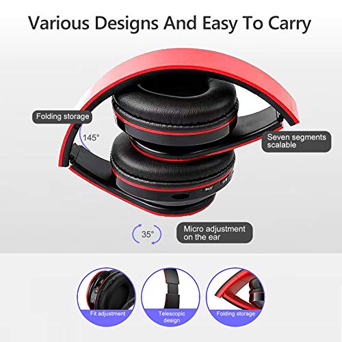 Bluetooth Over Ear Headphones, Colorful LED Lights Deep Bass Headphones with Microphone, Lightweight Wired and Wireless Foldable HiFi Stereo Headphones for Classroom/Home Office/Mobile Phone (Red) - color: Red Black