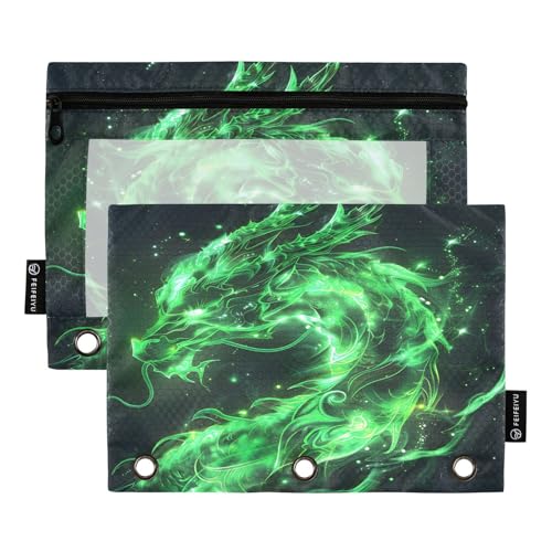 2 Pack Pencil Pouch for 3 Ring Binder Green Glowing Dragon Pencil Case Pouch with Clear Window Zipper Binder Pencil Pouches Pen Bag for Office School Supplies - color: Green Glowing Dragon