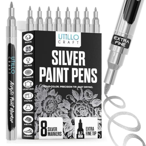 Utillo Craft Silver Paint Pen (8-Pack) Extra Fine Silver Paint Markers for Metal, Fabric, Wood, Glass, Paper, Plastic, Rock, Leather | Bold Color Permanent Acrylic Paint Pen 0.7mm | Artist DIY - color: Silver, style: Extra Fine 8PK