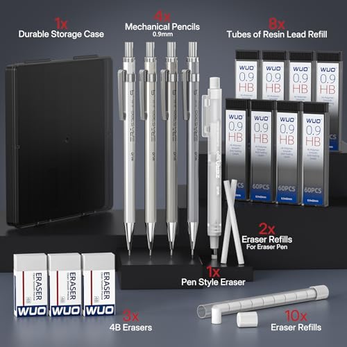 WUO 0.9mm Mechanical Pencil Set with Eraser Pen, 4PCS Metal Mechanical Pencils, 480 HB Lead Refills, 3PCS 4B Erasers, 10PCS Eraser Refills for Writing, Drafting, Drawing & Sketching
