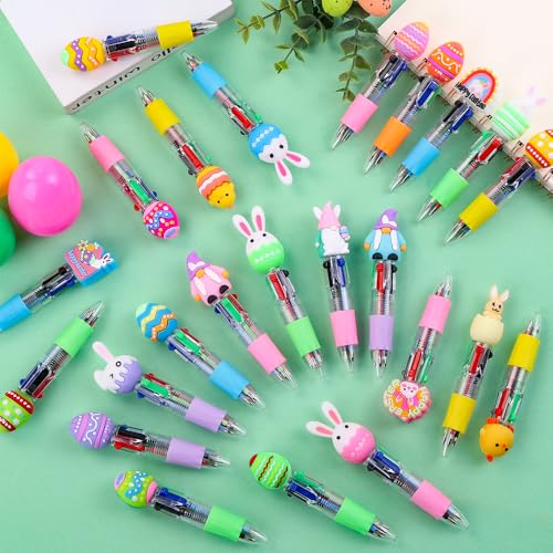 Vellibring 24PCS Easter Fun Pens Cute Multicolor Ballpoint Pens 4 Colors in 1 Kawaii Bunny Easter Egg Chicken Rainbows Gnome for Easter Party Favors Basket Stuffers School Supplies Students Rewards - style: Easter Eggs-24pcs