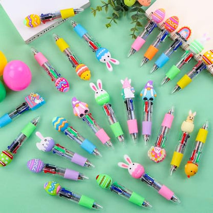 Vellibring 24PCS Easter Fun Pens Cute Multicolor Ballpoint Pens 4 Colors in 1 Kawaii Bunny Easter Egg Chicken Rainbows Gnome for Easter Party Favors Basket Stuffers School Supplies Students Rewards - style: Easter Eggs-24pcs