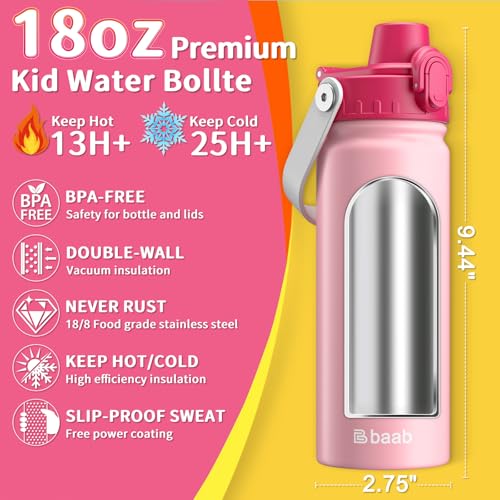 baab 18oz Kids Water Bottle, Insulated Kids Water Bottle with Lockable Spout Lid & Stickers, 18/8 Stainless Steel Vacuum Leakproof Kid Water Cup with Handle for Boy Girl & School (Rose Pink, 1 Pack) - color: Rose Pink, size: 18 Ounces