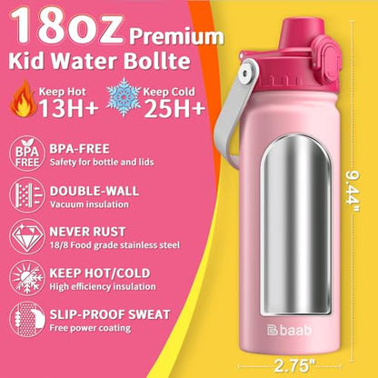 baab 18oz Kids Water Bottle, Insulated Kids Water Bottle with Lockable Spout Lid & Stickers, 18/8 Stainless Steel Vacuum Leakproof Kid Water Cup with Handle for Boy Girl & School (Rose Pink, 1 Pack) - color: Rose Pink, size: 18 Ounces