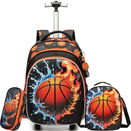 Meetbelify Rolling Backpack for Boys Basketball Backpack with Wheels Kids Roller Suitcase Travel Luggage for Elementary Student Ages 6-8 - color: Basketball