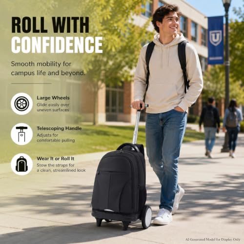 AGSDON Quiet Glide Rolling Backpack with Lunch Box Set - Large Wheel Water-Resistant Wheeled Bag for Business, Travel, and College | Black 3-in-1 Organizer Backpack - color: Reflective Black - Rolling Backpack