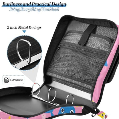 3 Ring Zipper Binder with Shoulder Strap Shark Cartoon Pink 2 Inch Zippered Binder Bag 500 Sheet Capacity Multi Pockets for School Supplies - color: Multi20