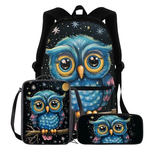 BIGCARJOB Kids Backpack for School 3 Pcs Cute Owl Print School Backpack with Insulated Lunch Bags Pencil Holder Set for Children Teens School Bookbags Set Kindergarten Daypack Blue Owl Schoolbags Set - color: Cute Blue Owl, size: One Size