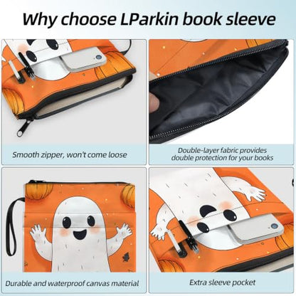 Padded Book Sleeve with Zipper & Front Pocket, Fabric Book Cover | Cute Halloween Ghost Pumpkin11.4"x8.7" Washable Canvas Pouch for Hardcovers, Tablets & Reading Accessories - color: Cute Halloween Ghost Pumpkin