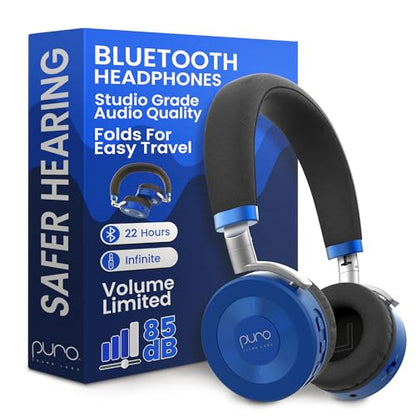 Puro Sound Labs Bluetooth Headphones for Kids - Volume-Limited, Adjustable On-Ear Design, 22-Hour Battery Life - Wireless Headphones for Tablets, Smartphones & PCs – JuniorJam Plus, Blue & Pink