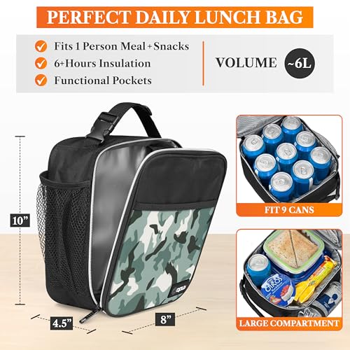 opux Insulated Lunch Bag for Kids Boys Girls, Small Compact Lunch Box with Wide Opening & Mesh Pockets, Reusable Lunch Pail for School, Work, Adults, Men, Women, Camo Green - color: Green Camo