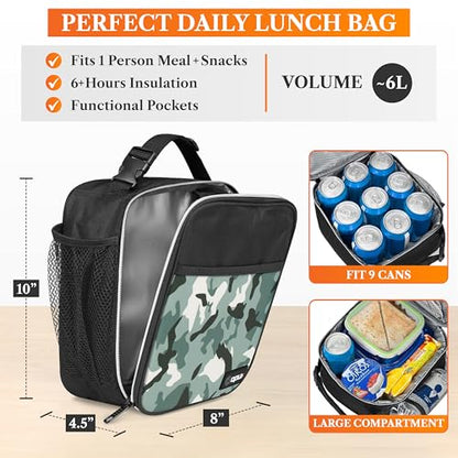 opux Insulated Lunch Bag for Kids Boys Girls, Small Compact Lunch Box with Wide Opening & Mesh Pockets, Reusable Lunch Pail for School, Work, Adults, Men, Women, Camo Green - color: Green Camo