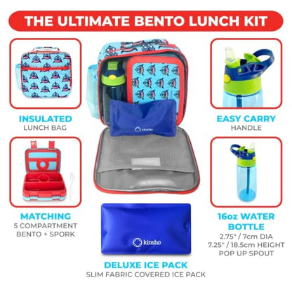 kinsho Bento Lunch Box Insulated Bag, Water Bottle & Ice Pack Set for Kids Toddlers, 4 Portion Sections, Removable Tray, Pre School Kid Toddler Daycare Lunches, Snack Container, Cute Blue Shark - color: Shark Set
