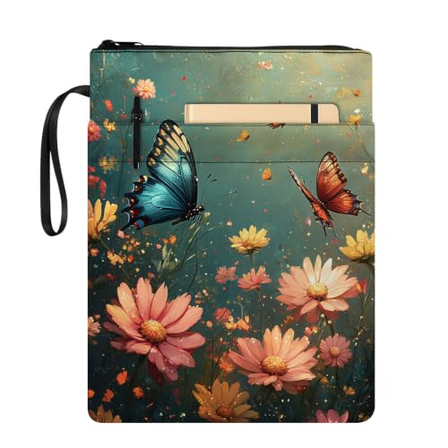 Padded Book Sleeve with Zipper & Front Pocket, Fabric Book Cover | Vintage Butterfly Flowers11.4"x8.7" Washable Canvas Pouch for Hardcovers, Tablets & Reading Accessories - color: Vintage Butterfly Flowers