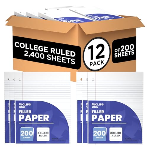 Loose Leaf Paper College Ruled Notebook Paper College Ruled Lined Writing Filler Paper 10.5” x 8” 2400 Sheets 200 Sheets Per Pack 60 gsm (12 Pack) - size: 12 Pack