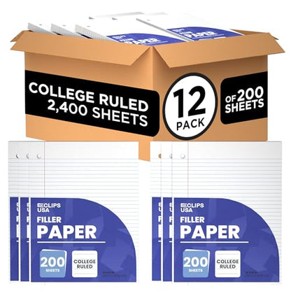 Loose Leaf Paper College Ruled Notebook Paper College Ruled Lined Writing Filler Paper 10.5” x 8” 2400 Sheets 200 Sheets Per Pack 60 gsm (12 Pack) - size: 12 Pack
