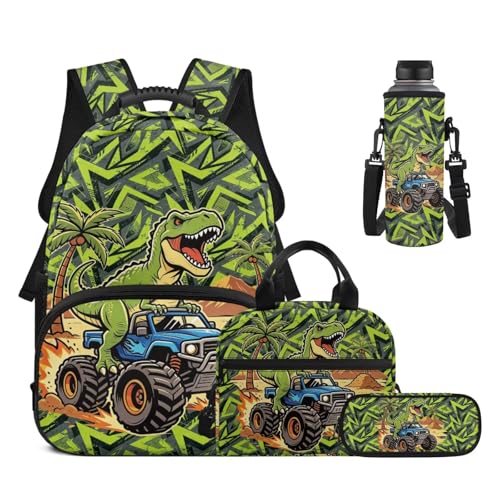 17 Inch Kid's 4PCS Backpack Set, Back to School Essentials | Insulated lunch box, water bottle pouch, pencil case, lightweight, padded shoulder straps, for elementary, middle school - color: Green Dinosaur