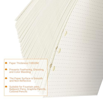 Beige A5 6-Hole Dot-Ruled Refill Paper(Pre-Punched) Fits A5 6-Ring Binder, 100GSM Thick No Bleed-through Sheets, Double Sided Writing for Fountain Pen & Gel Pen (2 Pack) - size: Dot-A5-2