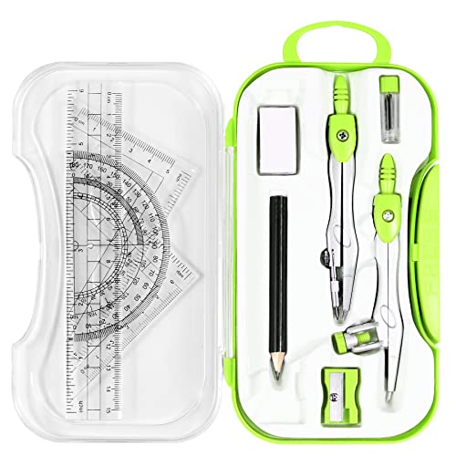Unjoo Geometry Set 10 Pcs Student Supplies, Protractor and Compass (Green） | Shatterproof Storage Box,Rulers,Protractor,Compass,Eraser,Pencil Sharpener,Lead Refills,Pencil,for Classroom, Back to School - color: Green