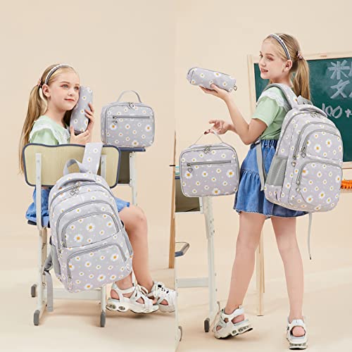 Glodwheat Daisy Printed Backpack For Girls- 3Pc Set With Lunch Box & Pencil Case, Lightweight Water-Resistant Bookbag For Elementary School - color: Grey