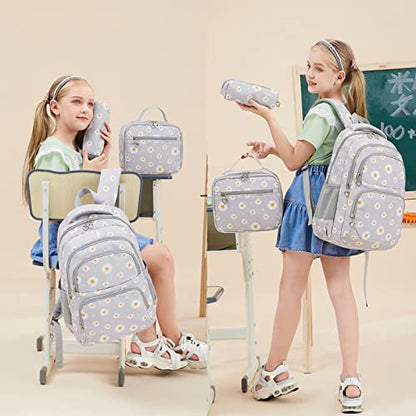 Glodwheat Daisy Printed Backpack For Girls- 3Pc Set With Lunch Box & Pencil Case, Lightweight Water-Resistant Bookbag For Elementary School - color: Grey