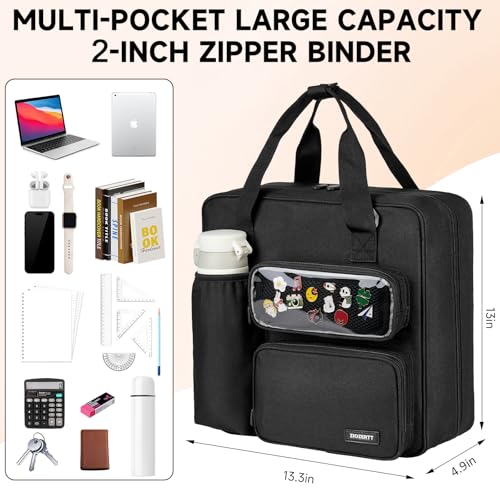 Zipper Binder 3 Ring with Ita Window,500 Sheets Capacity, Binder 2 Inch with Shoulder Strap Fits 13 Inch Laptop for School and Office,Black - color: Black（model B）