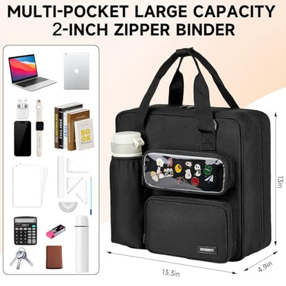 Zipper Binder 3 Ring with Ita Window,500 Sheets Capacity, Binder 2 Inch with Shoulder Strap Fits 13 Inch Laptop for School and Office,Black - color: Black（model B）