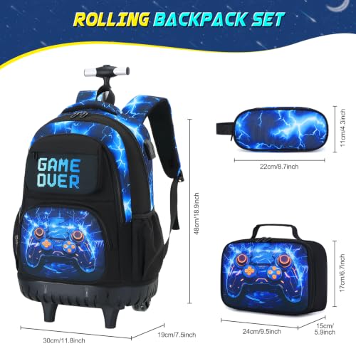 Scothen 3PCS Rolling Backpack for Boys, Cool Gamer Roller Backpack with Wheels, Kids Boy Wheeled Backpacks with Lunch Bag Pencil Case for Teens Bookbag Kindergarten Elementary Middle School - color: Blue Lighting
