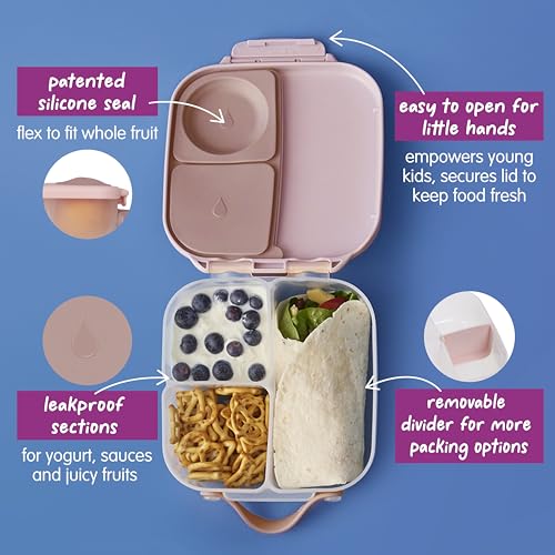 b.box Mini Lunch Box Kids | 4.25 Cup Leak Proof Bento Box for Kids Ages 3+ | 3 Compartment Snack Containers, School Lunch Container, Dishwasher Safe, BPA-Free, PFAS-Free - Blush Crush - color: Blush Crush, size: 1-pack