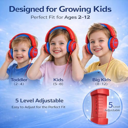 K6C Kids Headphones with USB-C, for Toddler & Kids Ages 2-12, 85dB Safe Volume Limited, Adjustable Headband & Foldable Wired, On-Ear Headphones for School, Travel, Tablet, iPad - color: Red